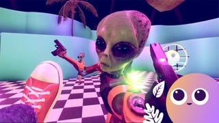 The player kicks an alien while the alien attacks with a pistol.