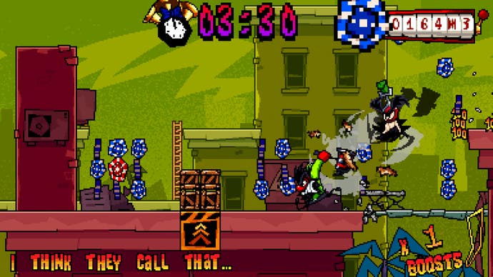 A man rages through a city scene holding his hammer aloft in Antonblast.