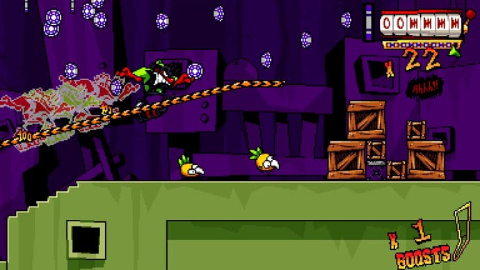 An angry cartoon man slides up a platform in Antonblast.