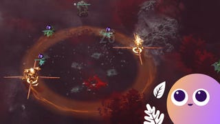 A screenshot from the Steam Next Fest demo of Archons, showing the two Archon characters conjuring a damaging golden halo between them to kill nearby enemies.