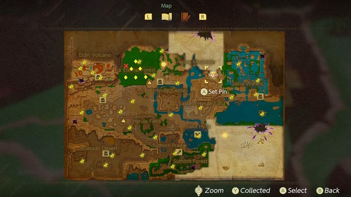 Map on Hyrule in Zelda Echoes of Wisdom, with the Warp point near Dampé's house selected.