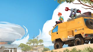 Caravan Sandwitch official image showing protagonist sat atop yellow off-road camper van, in front of blue sky and a distant storm.