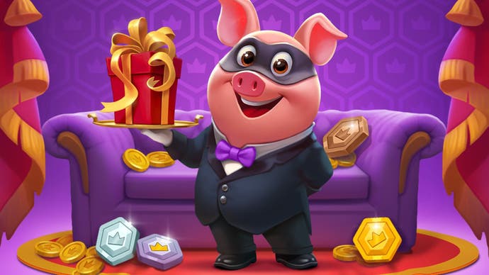 Artwork for Coin Master, showing the game's cute pig mascot in a suit and holding a present.