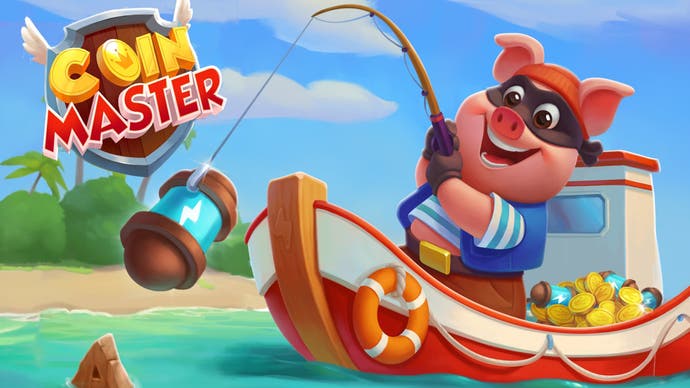 Artwork for Coin Master, showing the game's cute pig mascot going fishing for spins.