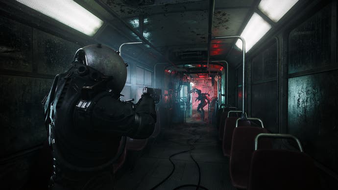 Cronos: The New Dawn screenshot showing person in suit aiming at creature along a train carriage