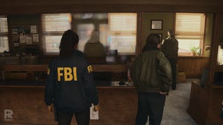 Scene from Alan Wake 2 showing the back of Saga's FBI jacket