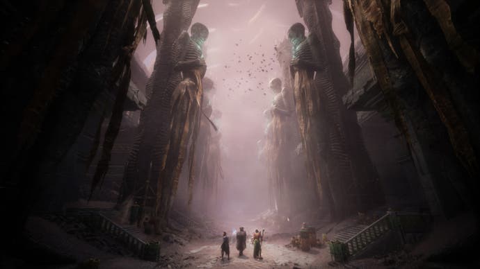 dragon age the veilguard steam promo art landscape of tall statues in mist