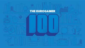 Background artwork of a bookshelf with Eurogamer iconography, with overlaid logo that reads The Eurogamer 100.