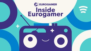 Illustration artwork for the Inside Eurogamer podcast. It shows - in very simple shapes - a purple radio with a smiley face on it. A friendly radio, if you will. Around it, blue and white and purple circles decorate a turquoise background.