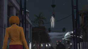 gta online character in pumpkin mask facing ghost on hook