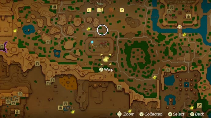 A white circle showing the location of Dampé to start the Automaton Engineer Dampé side quest in Zelda Echoes of Wisdom.