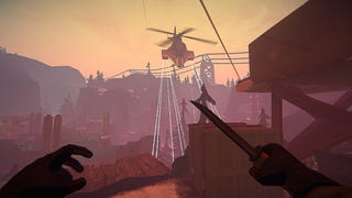 I Am Your Beast official screenshot showing the silhouette of your hands with a knife in the foreground, against a hazy dusk view of trees and enemy helecopter above