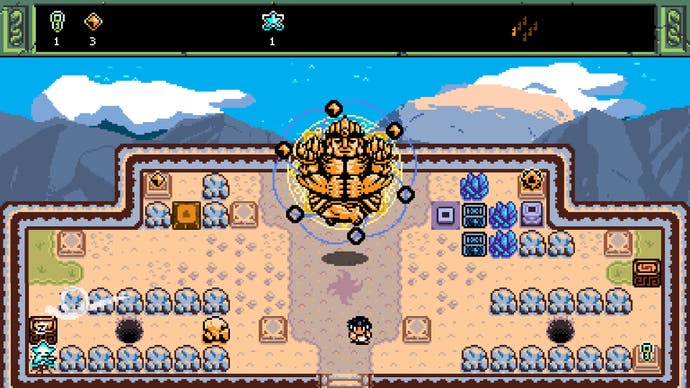 Screenshot showing gameplay of Isles of Sea and Sky, the main character facing off against a large god-like boss figure in a retro isometric view.