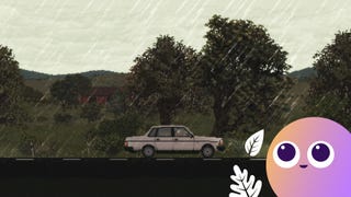 A car on a rainy road in the pixel art game Keep Driving, with the little Wishlisted logo sat in the bottom right corner.