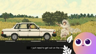 A wishlisty-fied image of a car stopping to pick up a runaway bride in Keep Driving.