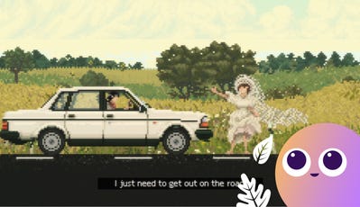 A wishlisty-fied image of a car stopping to pick up a runaway bride in Keep Driving.