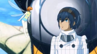 Metaphor: ReFantazio anime screenshot showing blue-haired protagonist smiling up at flying fairy companion