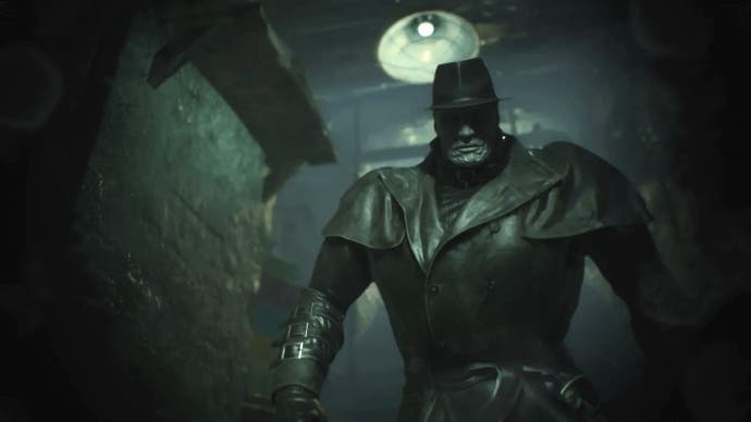 Resident Evil 2's Mr X - a huge, broad shouldered figure clad in black trench coat, black leather gloves, black fedora, black rollneck - black everything. He's reminscent of wrestling's Undertaker, come to think of it, only without the long hair.