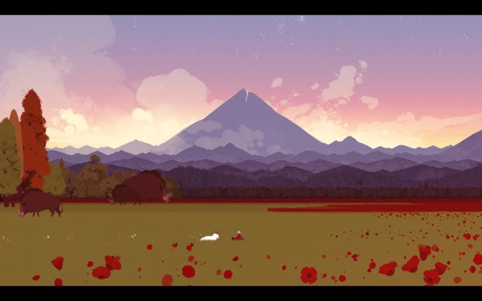 Neva screenshot showing Neva and Alba walking across an autumnal field of dotted red flowers in front of a distaint mountain