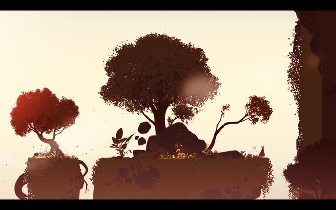 Neva screenshot showing Alba and Neva on brown-black silhouetted land looking up at a wall they must climb, with beige background