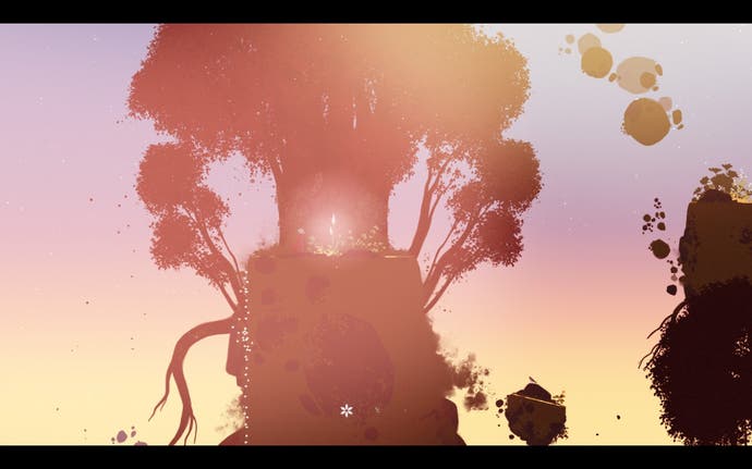 Neva screenshot showing a glowing collectible bud on top of a tree high in the sky