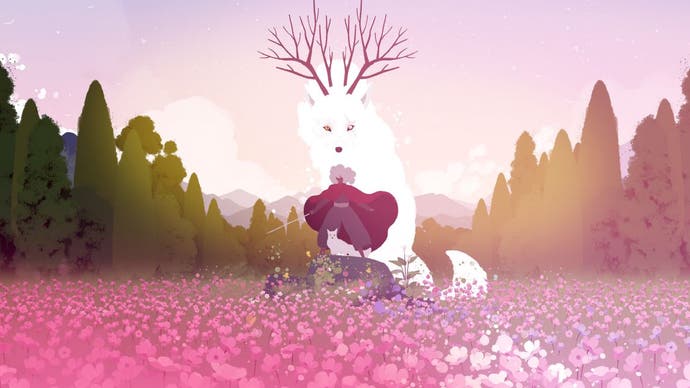 Neva official key art showing Alba and Neva, a large white wolf with stag antlers, in a field of pink flowers with sun behind them