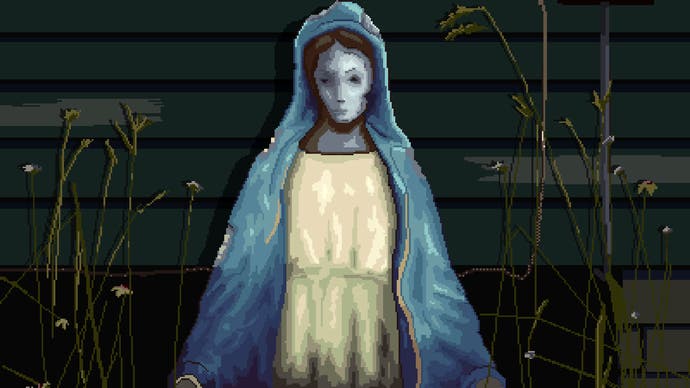 The pixelated image of a hooded feminine figure standing, clad in creams and blues, in stark contrast to a dark green wooden wall behind them. They cut a notable triangular shape against it. It's a sweet but slightly haunting image.