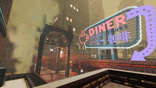 Shadows of Doubt official screenshot showing a big neon sign for a diner, amongst rooftops and drain steam in a rainy metropolitan city.