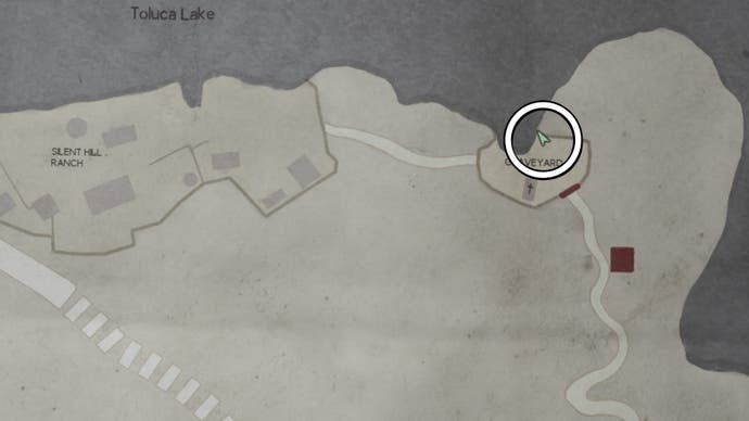 A white circle showing the Crimson Ceremony location on the map in Silent Hill 2.