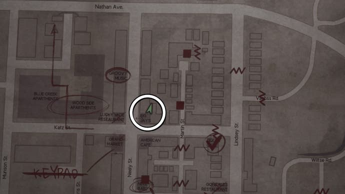 A white circle showing where the first Broken Key Part is on the map in Silent Hill 2.