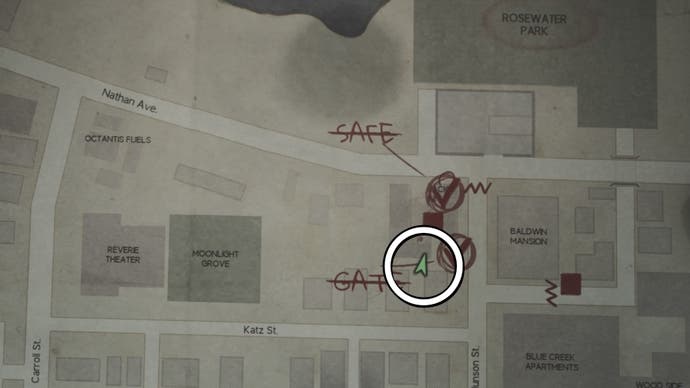 A white circle showing where the second Broken Key Part on the map in Silent Hill 2.