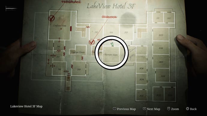 A white circle showing where the Observation Room is on the map in Silent Hill 2.