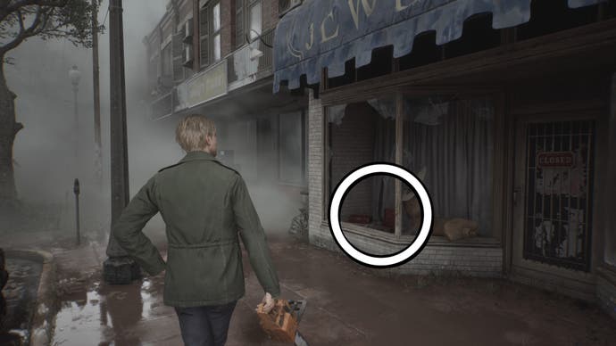 A white circle showing where the Blue Gem is in Silent Hill 2.