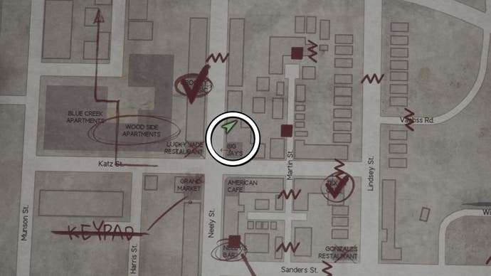 A white circle showing where the Blue Gem is on the map in Silent Hill 2.