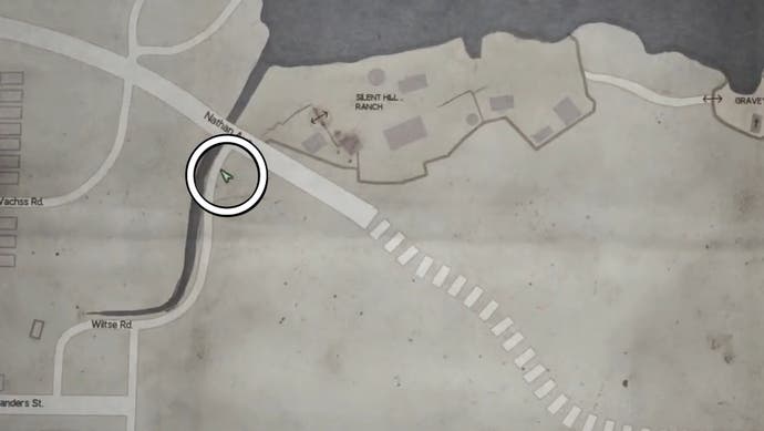 A white circle showing where the Key of Sorrow is on the map in Silent Hill 2.