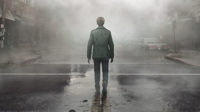 Silent Hill 2 Remake official image showing James walking away from the camera in the misty grey town of Silent Hill