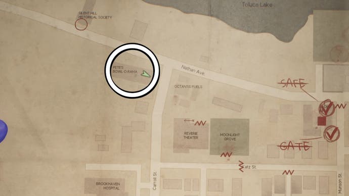 A white circle showing the location of the Rusted Key on the map in Silent Hill 2.