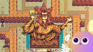 An ornate statue of a woman with leaves wreathed around her head stands in the middle of a garden from Sliding Hero, with the Eurogamer Wishlisted logo in the bottom right corner.