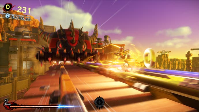 Shadow Generations screenshot showing black hedgehog grinding on a rail chased by a killer train