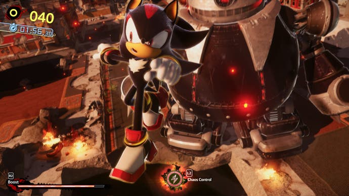 Shadow Generations screenshot showing black hedgehog hovering in mid-air over giant robot at ground level