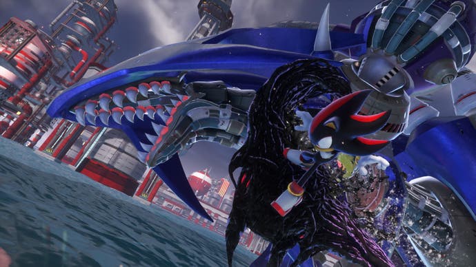 Shadow the black hedgehog surfs on a black wave with a giant blue shark-like robot in the background