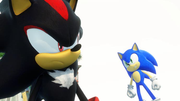 Sonic x Shadow Generations screenshot showing Shadow side-eyeing Sonic in White Space