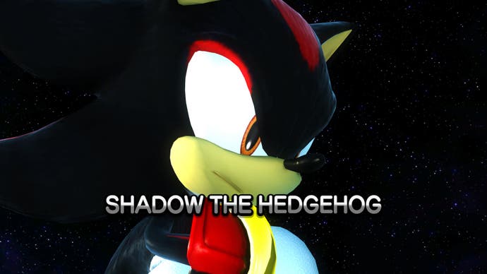 Close up of Shadow the black hedgehog as a boss in Sonic Generations, with lower quality character model