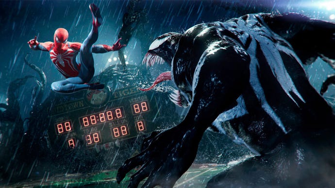 A Marvel's Spider-Man 2 screenshot showing Spider-Man battling venom in the middle of a rain-battered football pitch during a storm.