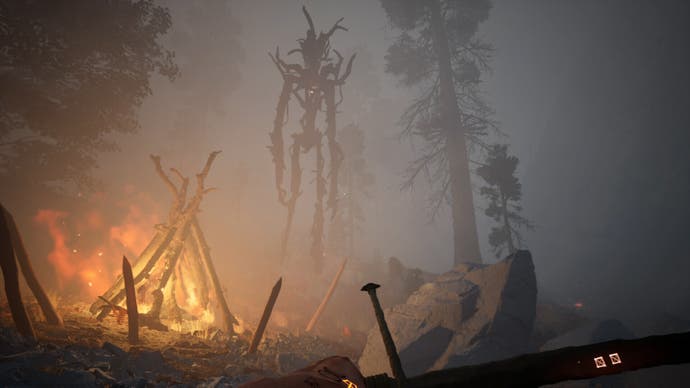 A tall, wood-like creature emerges from the mist while the player sits at a campfire in a forest in The Axis Unseen.