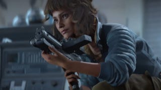 Star Wars Outlaws image showing Kay crouched with a gun in her hand