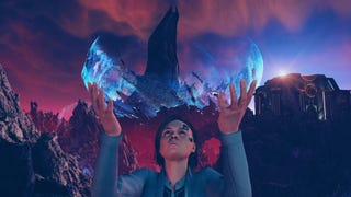 A confused woman holds up their hands to cradle a glowing ball of light in the distance in Starfield's Shattered Space expansion.