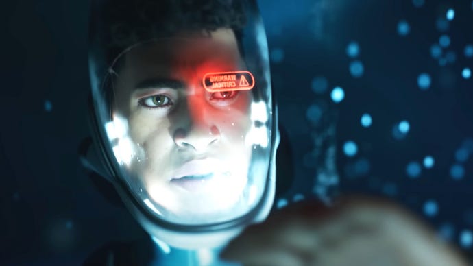 A shot from Subnautica 2's cinematic teaser trailer showing a close-up of a diver in the ocean's depths. A message is visible on the inside of their helmet visor, reading," Warning, critical."