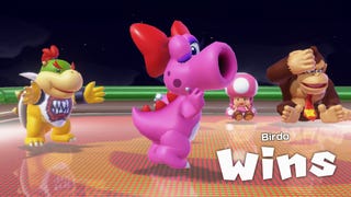 Birdo celebrates a victory in Super Mario Party Jamboree