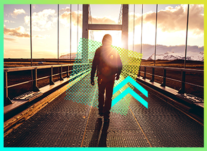 A high school student walking across a bridge towards the horizon